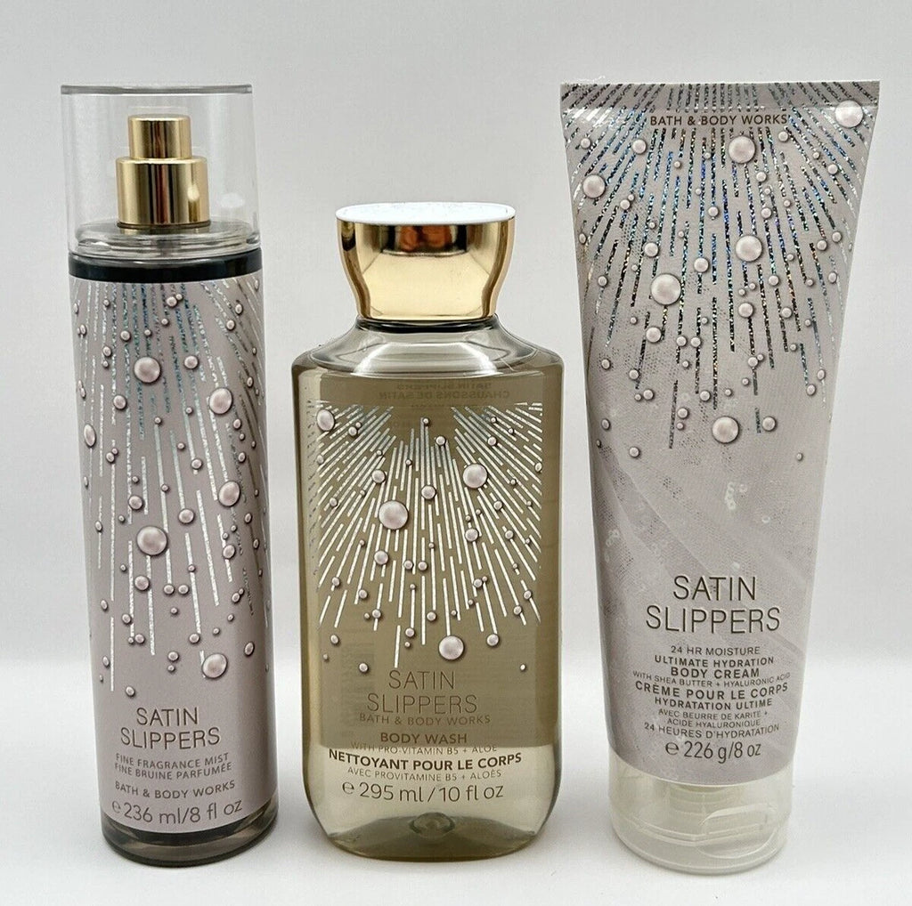 NEW Bath & Body Works Satin Slippers 3pc Gift Set Full Size Body Wash Cream Mist