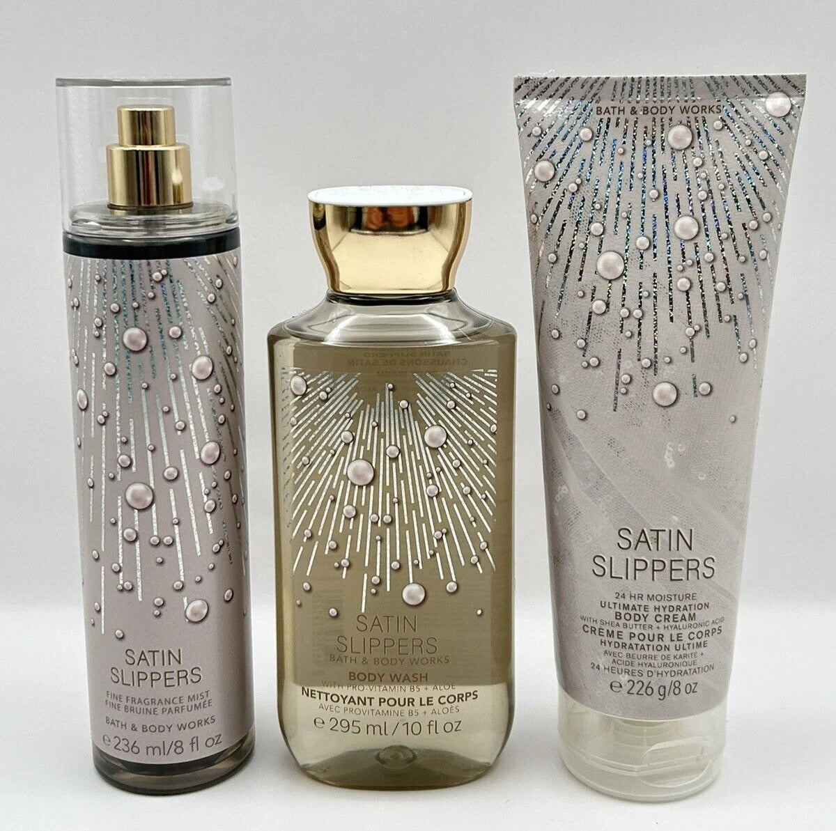 NEW Bath & Body Works Satin Slippers 3pc Gift Set Full Size Body Wash Cream Mist