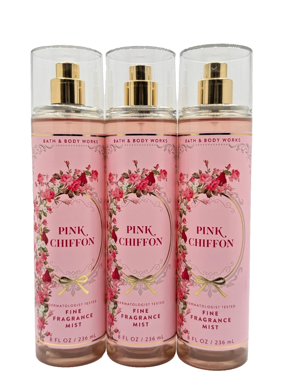 NEW Bath & Body Works Lot of 3 Bottles Pink Chiffon Fragrance Mist Spray 8 oz